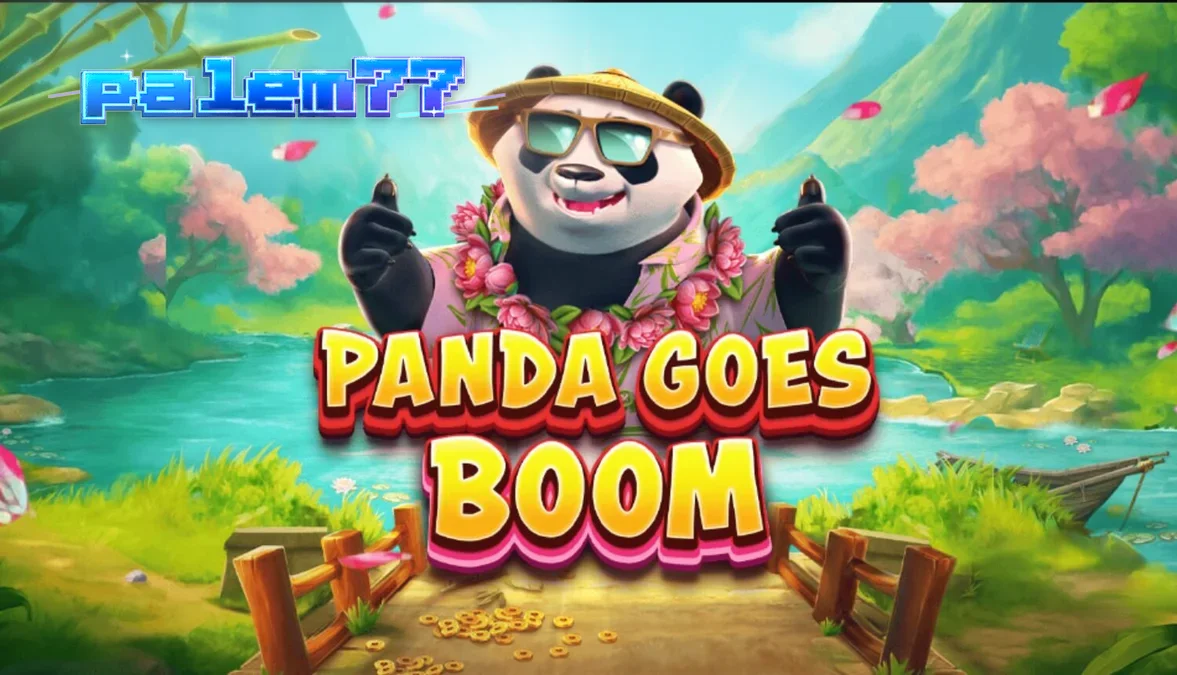 Panda santai dengan topi jerami di latar belakang taman tropis dalam slot Panda Goes Boom